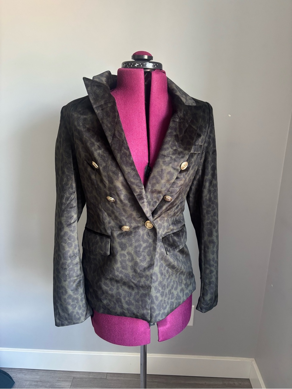 Double-Breasted Leopard Print Blazer Jacket - Olive Green/Black